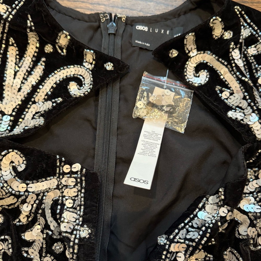ASOS LUXE Keyhole Plunge Embellished Mini Dress with Sheer Bishop Sleeves NWT - Picture 6 of 15